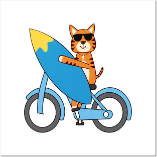 Surfer wild tiger cycling to the beach with surfboard Posters and Art